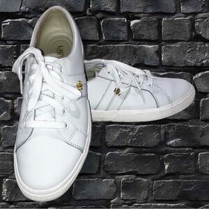 Ralph Lauren Janson II White Leather Gold Color RL Logo Sneakers Preppy Size 9.5